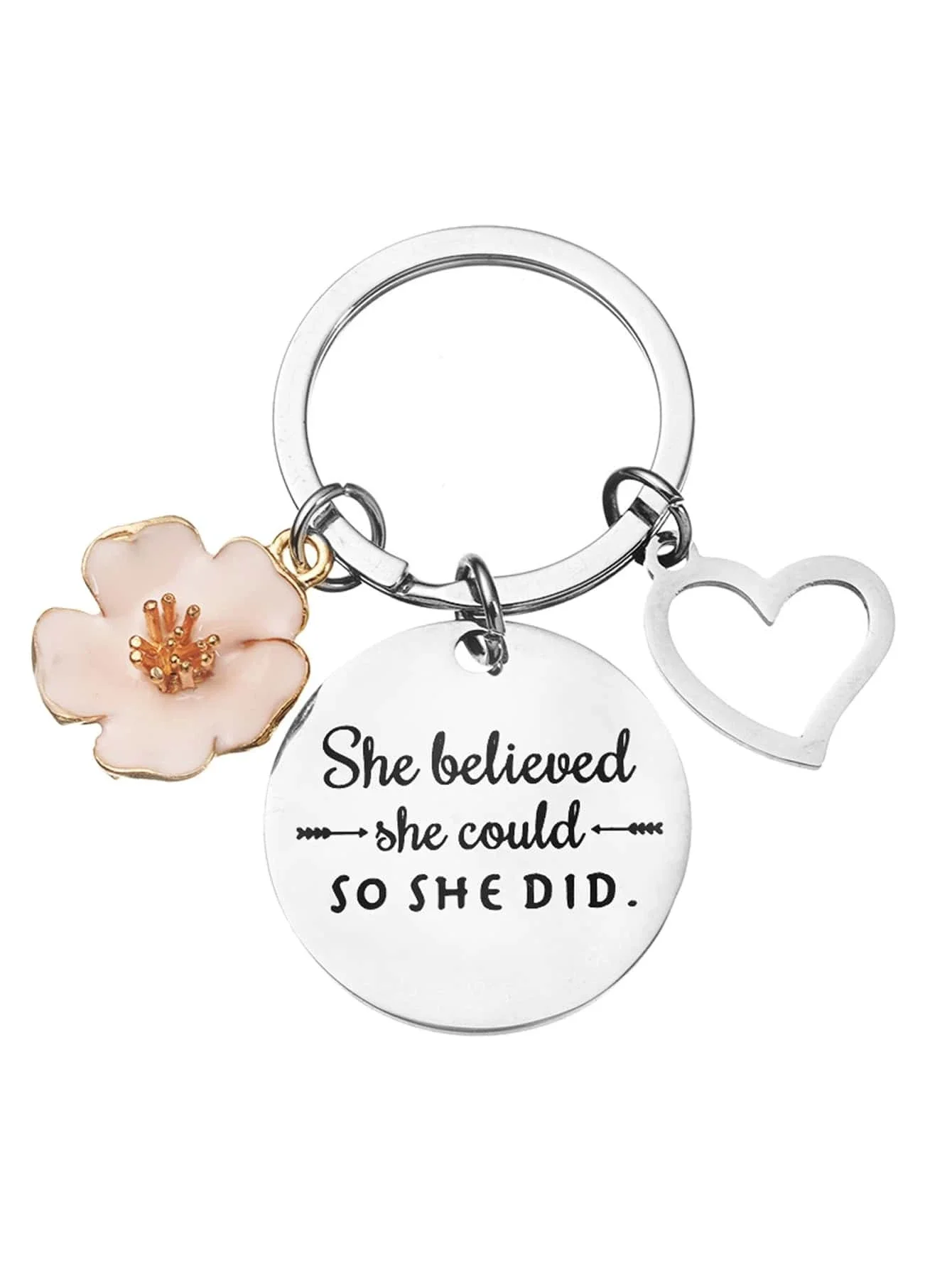 Street Women's Inspirational Stainless Steel Keychain With Flower, Hollow Heart Shaped Pendant And Carved Phrase 'she Believe Sh