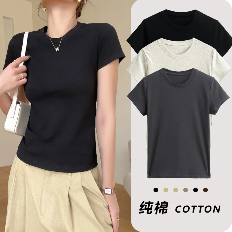 

Cotton Round Neck Short Sleeve T-shirt Women's Spring And Summer Casual Simple Tops Women Blusas Femininas Tee Shirt Femme