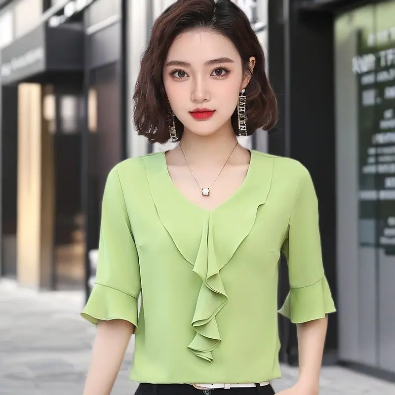 French Style Thin Ruffled Short Sleeved Sweet V-neck Chiffon T-shirt for Women's Summer Slimming Loose Pullover Trendy Shirt Top