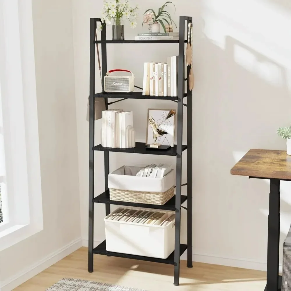 

Ladder Shelf, Bookshelf Bookcase, Freestanding Corner Storage Shelve with 2 Hooks for Home Office, Living Room, Kitchen, Bedroom