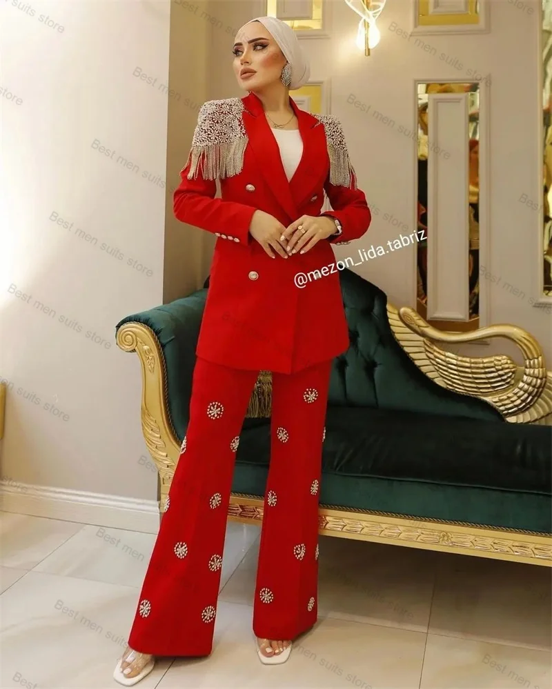 Red Elegant Women Suit Set 2 Pieces Cape Beading Blazer+Pant Crystals Luxury Office Lady Wedding Jacket Coat Trousers Customize