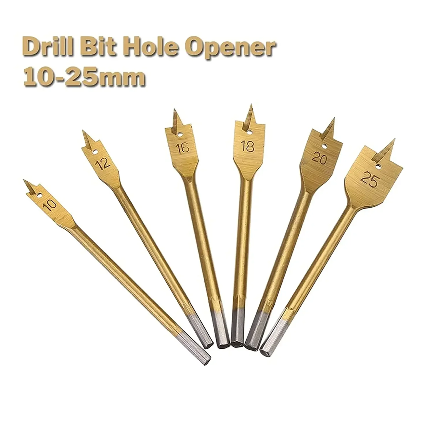 6 Pack Spade Drill Bit Set Paddle Flat Bits Hole Cutter Titanium Coating Carbon Steel Woodworking Tool 10-25mm