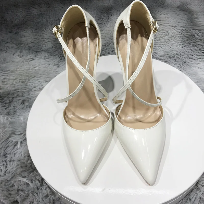 12cm Women Patent PU Cross Strap Stiletto Pumps Pointed Toe 10cm High Heels for Elegant Ladies Chic Dress Shoes QP101 ROVICIYA