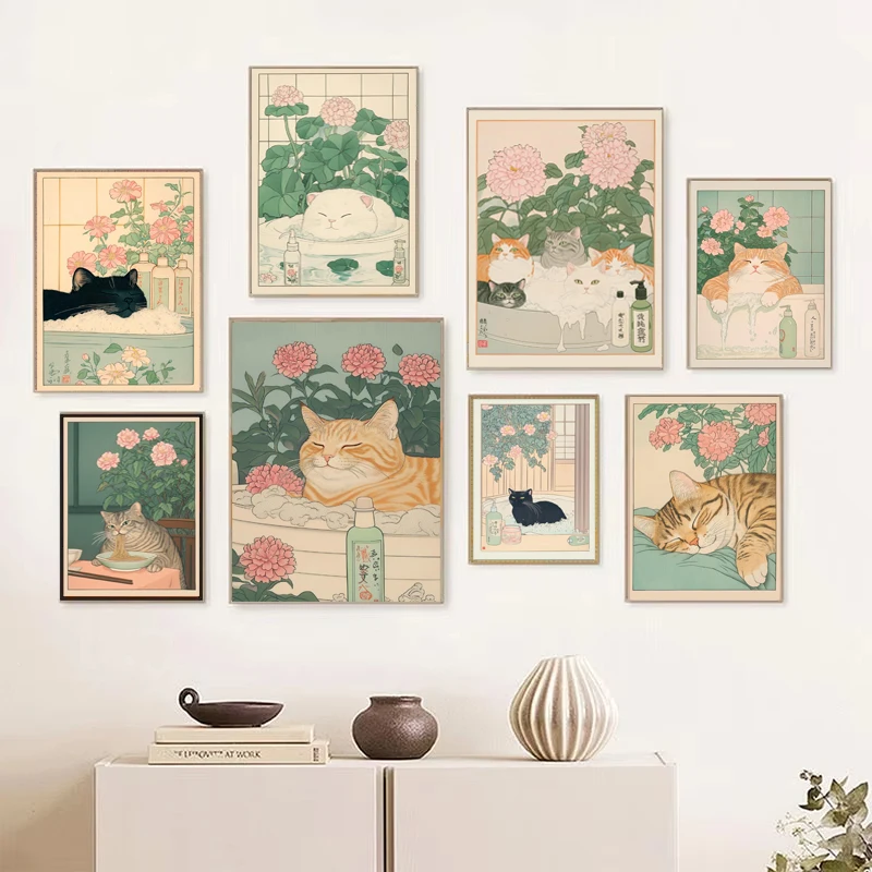 Japanische Tabby-Katze in der Badewanne, Posterdrucke, Leinwandgemälde, Retro-ästhetisches Wandkunstbild, Japandi, Badezimmer, Toilette, Heimdekoration