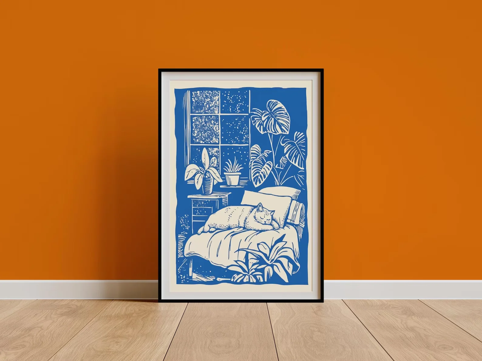 Schläfrige Katze Wandkunstdruck, schrullige Retro-Linocut-Stil-Dekoration, Vintage-Katzen-Illustrationskunstwerke, Boho-Poster für Schlafzimmer und Schlafsaal