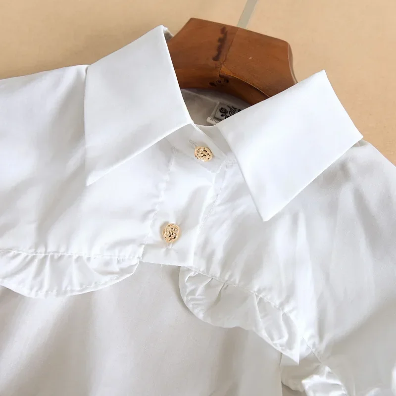 女性用パフロングスリーブTシャツ,ショートトップ,ブラウス,フリルボタン,取り外し可能,カバーカラー,セーター,装飾アクセサリー