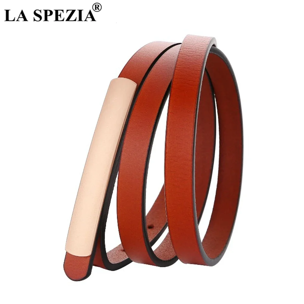 LA SPEZIA White Waist Belt Genuine Leather Women Belt Cowskin Smooth Buckle Lady Dress Belt Solid Thin Female Strap Gold Buckle