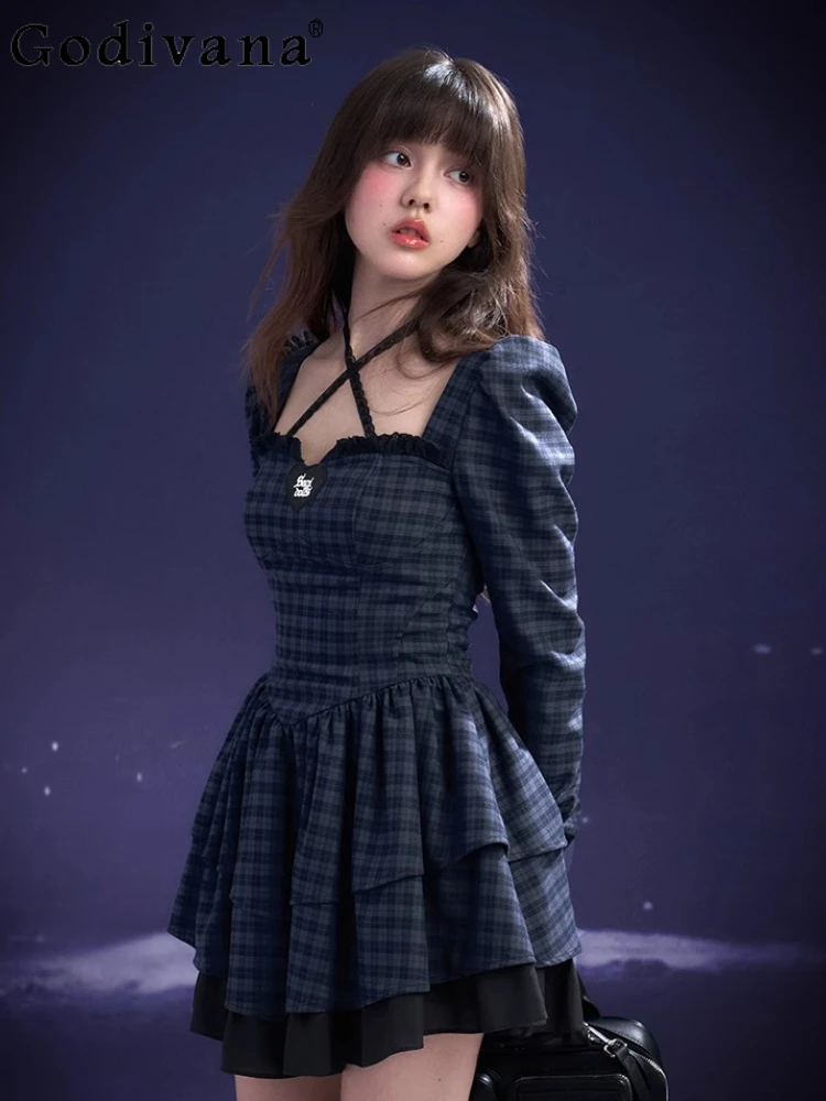 

Dark Night Lolita Princess Blue Black Plaid Cake Dress Girl Spring Autumn Sweet Square Neck High Waist Long Sleeve Short Dresses