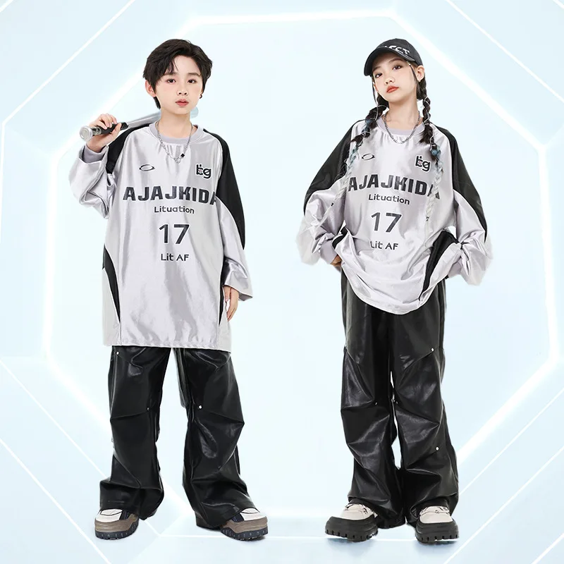 

Kid Hip Hop Clothing Silver Oversized Sweatshirt Black Rivet Faux Leather Casual Ruched Pants for Girl Boy Dance Costume Clothes