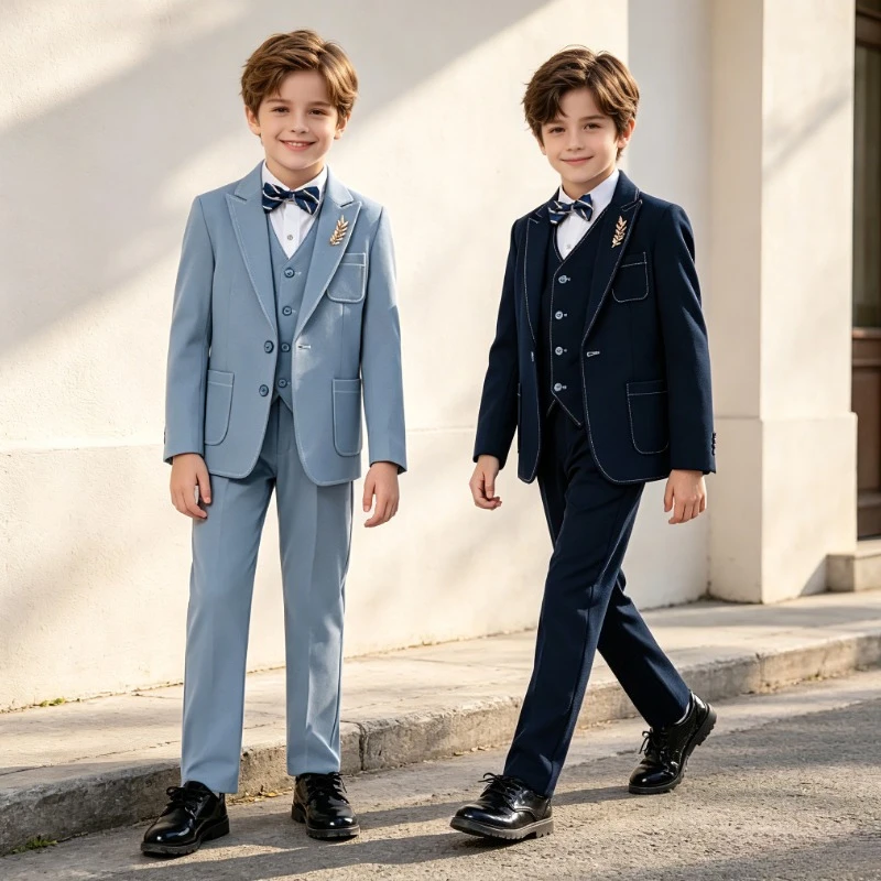 Boys Suit Notched Lapel Blazer Vest Bow Tie Brooch Pants Kids Wedding Flower Boy Piano Birthday Gentleman Formal Portrait Outfit