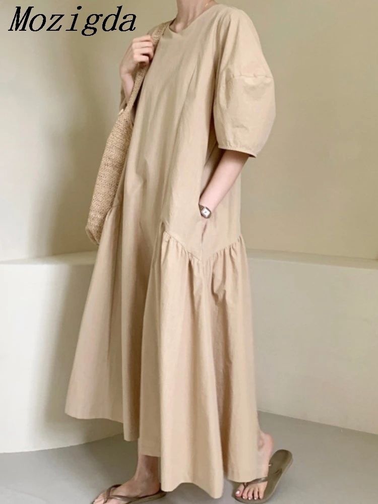 

Summer Women Casual Long Dress Round Neck Drawstring Waist Asymmetrical Hem Unique Design Ladies Dresses Vestidos