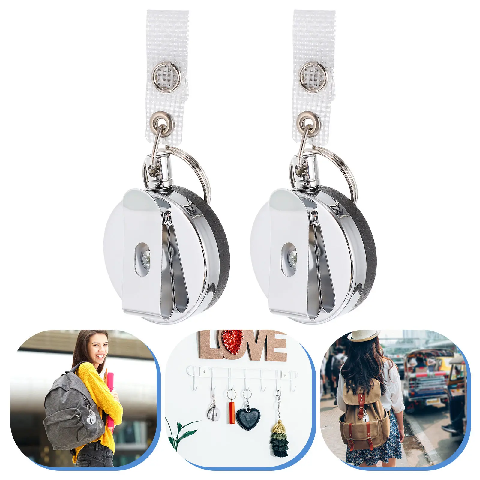 2Pcs Metal Key Ring Retractable Badge Reel Clip Secure Screw Fastened Work Id Cards Holder Reel for Office Hospital Factory