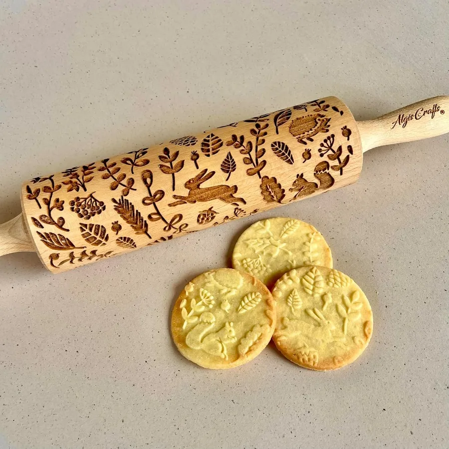 

FOREST ANIMALS Embossing Rolling Pin. Laser Engraved Dough Roller for Embossed Cookies Fondant or Pottery by