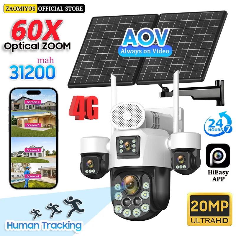 4 Lens Outdoor 360° Surveillance Solar Camera 20MP 60X Optical Zoom 4G SIM Home Security PTZ Auto Track AOV 24/7 Record CCTV Cam