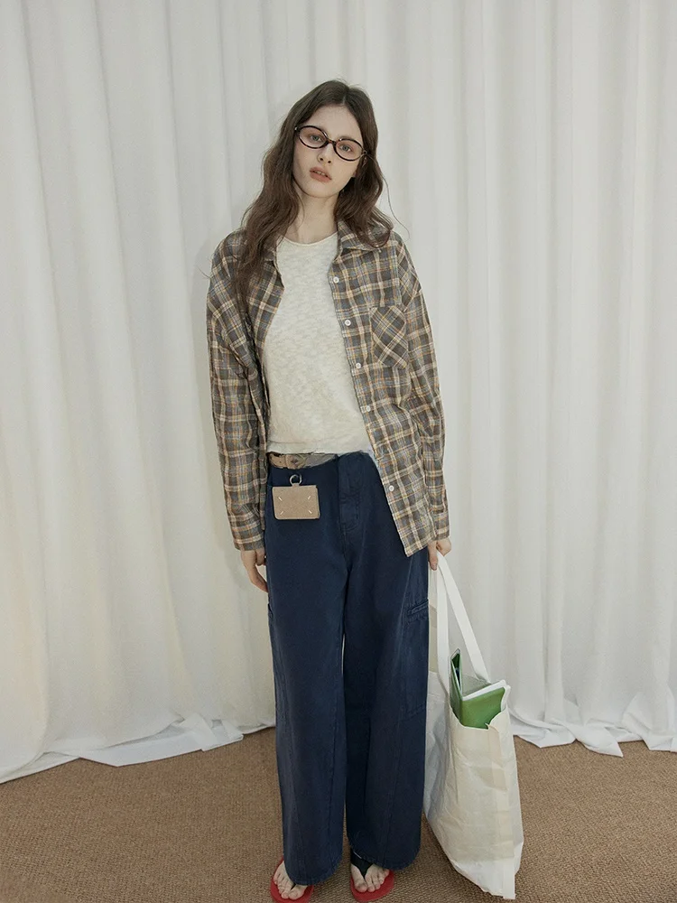 

Relez Women's Loose Long Sleeve Shirt Casual Plaid Cotton Breathable Lazy Collar Fall New Style Comfortable Fashionable Shirt