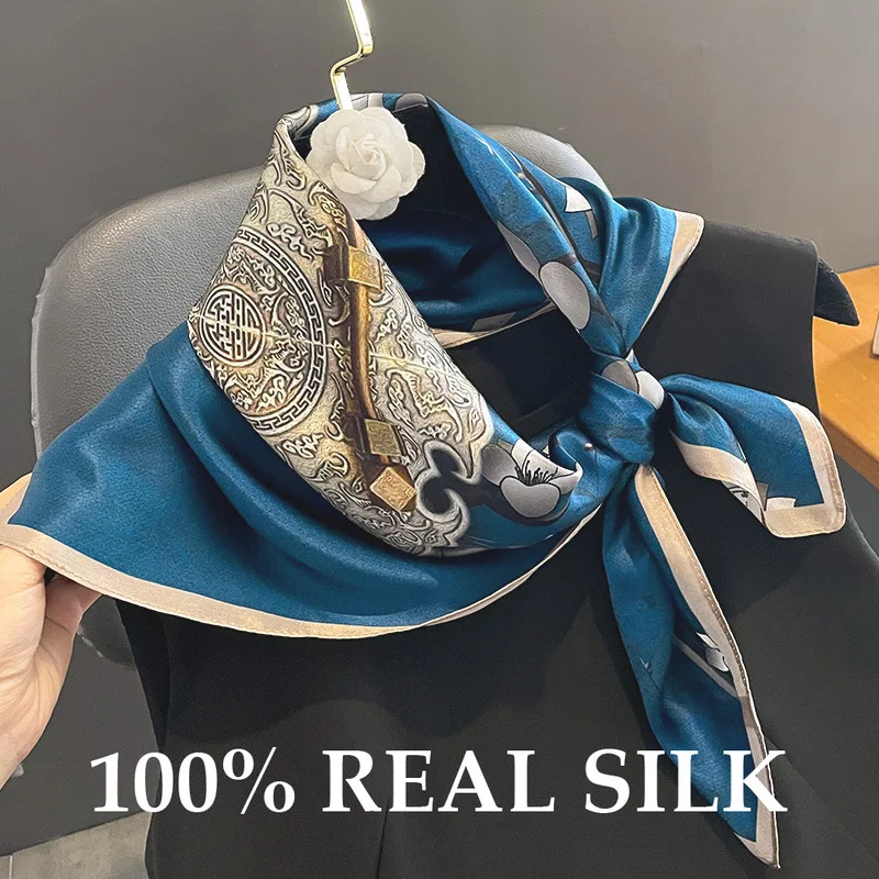 

New 100% Real Silk Scarf Women Bandana Square Scarves All Seasons Wrap Kerchief Fashion Luxury Summer Breathable Skin Care Hijab