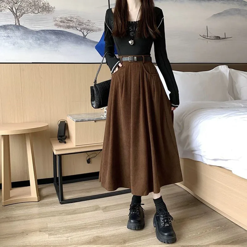 Lucyever Retro Corduroy A-Line Skirts Women Korean Fashion High Waist Pocket Pleated Skirt Woman Autumn Winter Street Long Skirt