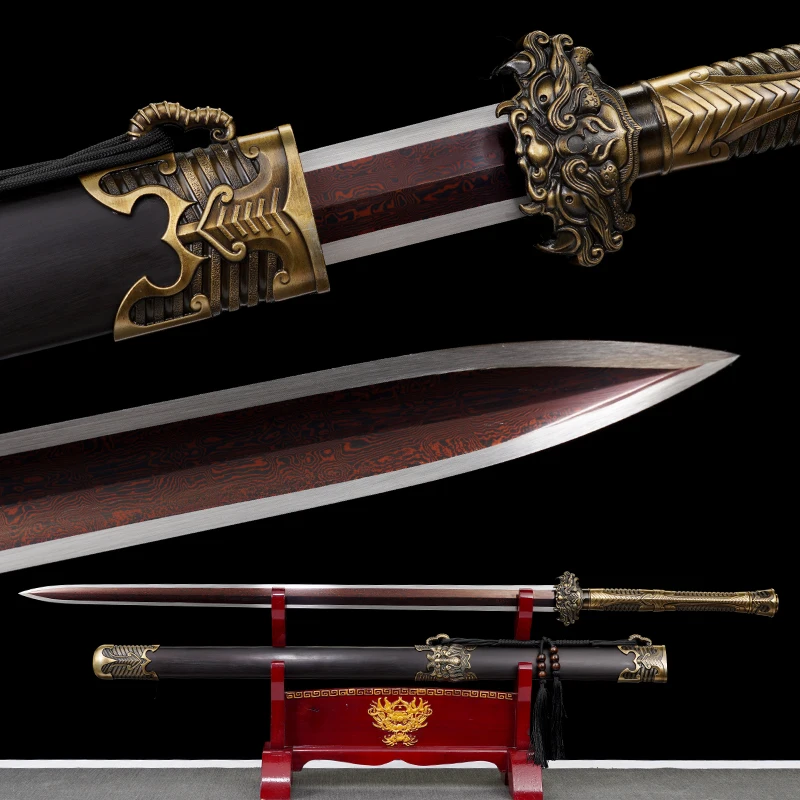 Medieval Han Jian Sword Folded Steel Damascus Red Blade Real Full Tang Sharp Ready Training Samurai Swords Demon Kongfu Katanas