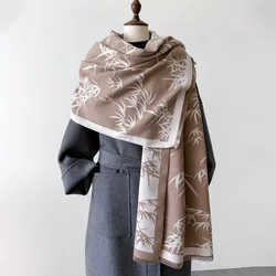 Autumn&Winter Thick Warm Wraps New Bamboo Leaf Print Scarf Female Imitation Cashmere Shawl Women's Thickening Tassels Scarf