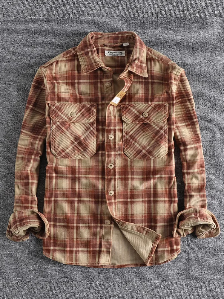 Autumn New American Retro Long-Sleeve Lapel Corduroy Plaid Shirt Men\'s Fashion 100% Cotton Washed Double Pocket Casual Blouses