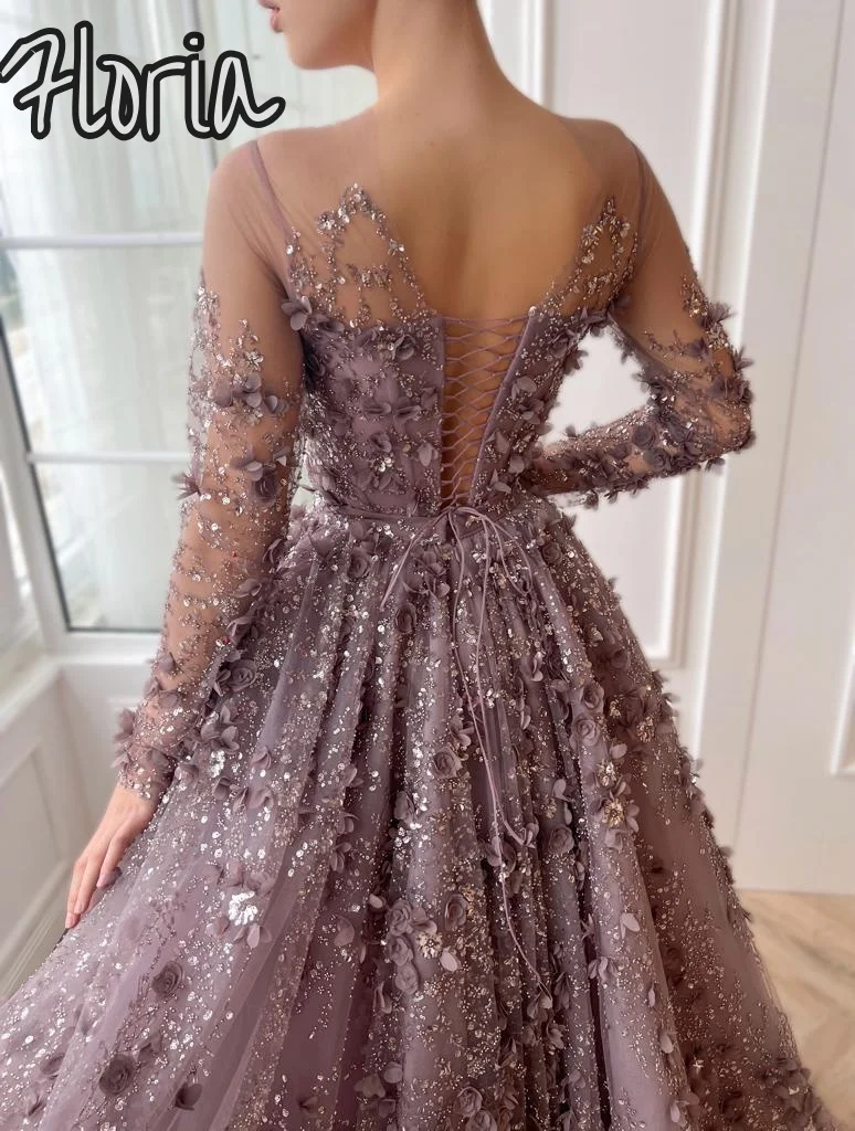 Выполненное на заказ сиреневое кружево с 3D вышивкой цветов Вечерние платья Русалка с длинными рукавами Вечернее платье со съемным шлейфом