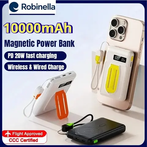 Robinella 10000mAh 3C Certification Magsafe Power Bank with Bracket Magnetic Portable Battery Qi Wireless 22.5W Fast Charger