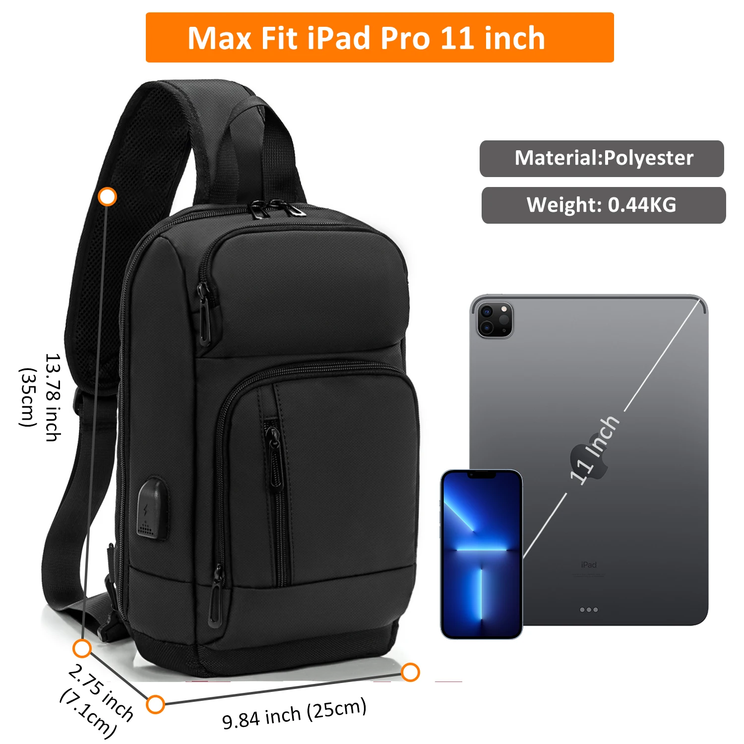 Kings long Männer One Shoulder Rucksack wasserdichte Sport reise vielseitige multifunktion ale Brusttasche mit USB-Anschluss 13,78 Zoll