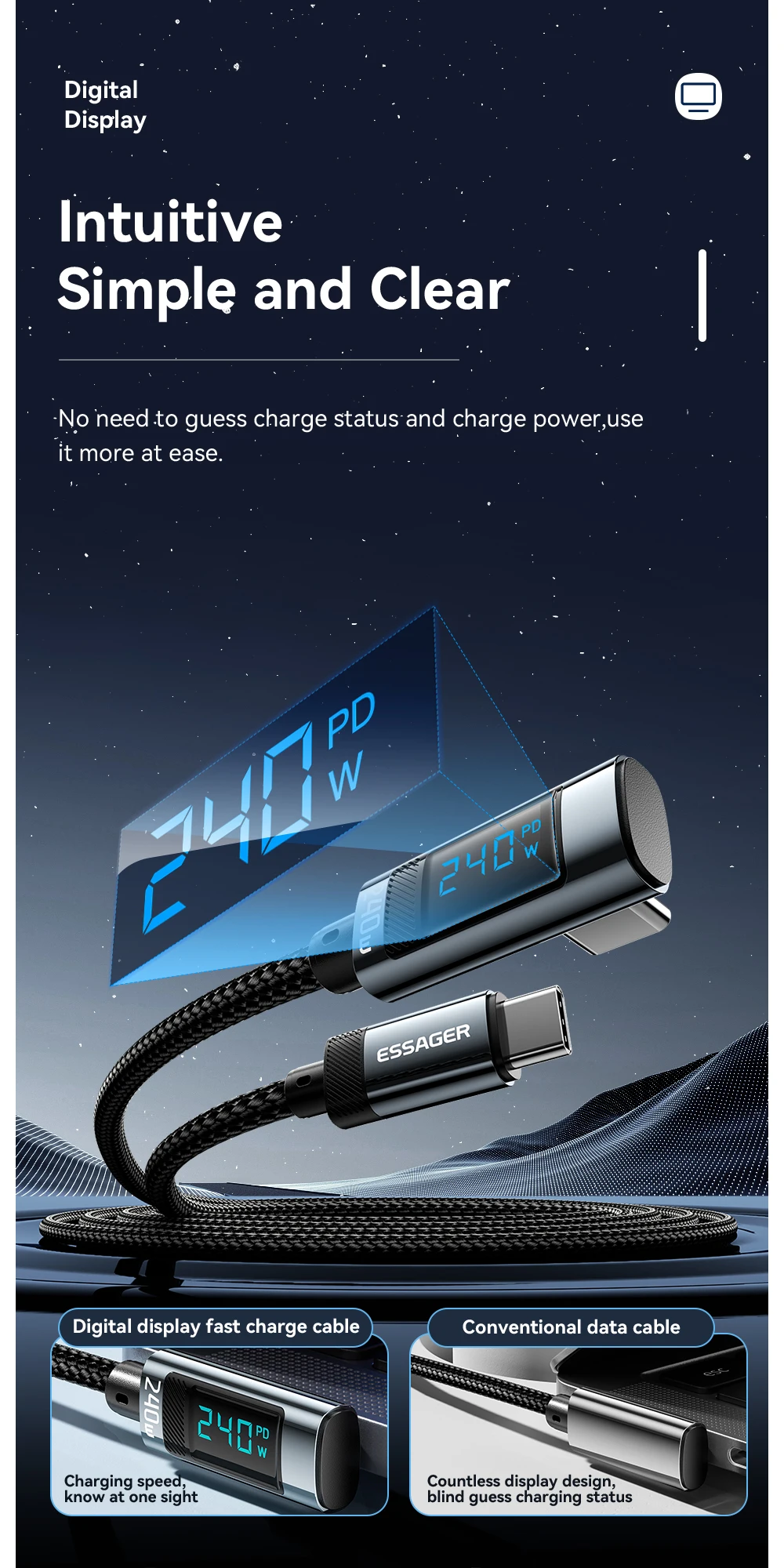 Essager 240W Typ-C-zu-Typ-C-Kabel 90-Grad-Winkel 5A Schnellladekabel Typ-C Digitalanzeigekabel für iPhone MacBook Pro Xiaomi – Detail 4