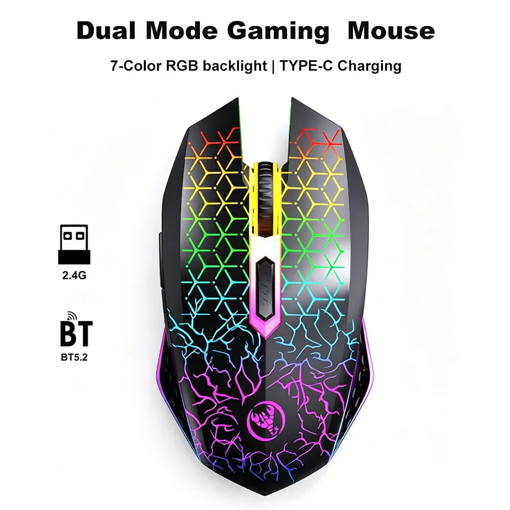 2.4G+BT5.2 Dual Mode Wireless Gaming Mouse, 800-1600DPI RGB Backlight Rechargeable Silent Ergonomic Mice for PC Desktop Laptop