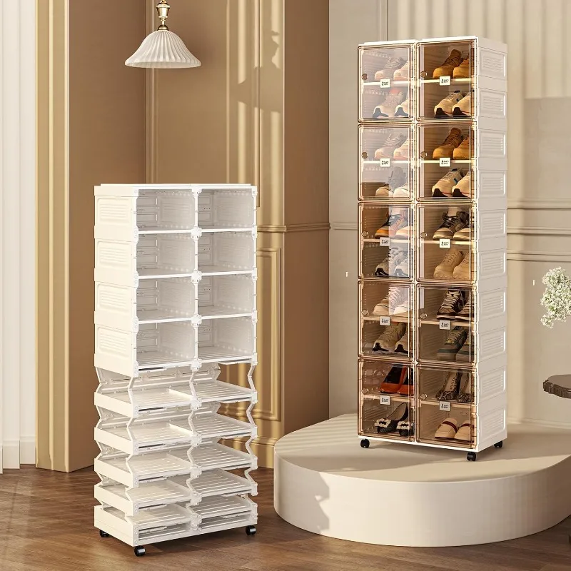 

Collapsible Shoe Cabinet with Wheels, 2 Rows, 10 Shelves