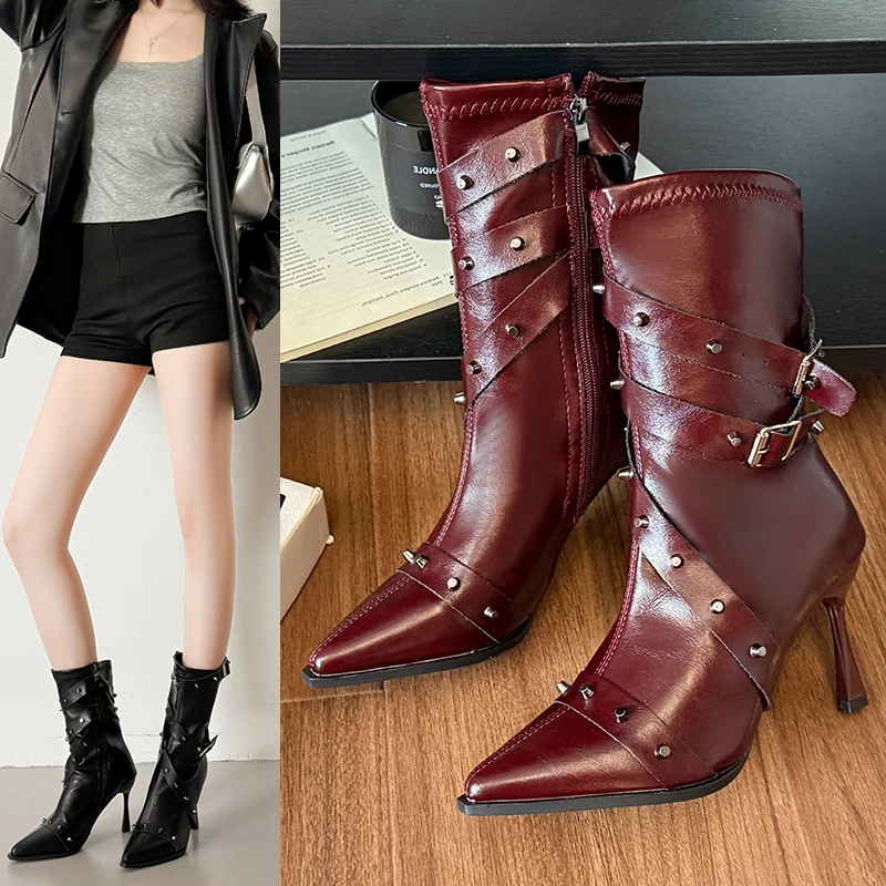 Fashion Pointed Toe Thin High Heels Boots Women Sexy Shiny Pleated Mid Calf Boots Woman Burgundy Black Pu Leather Botas Female