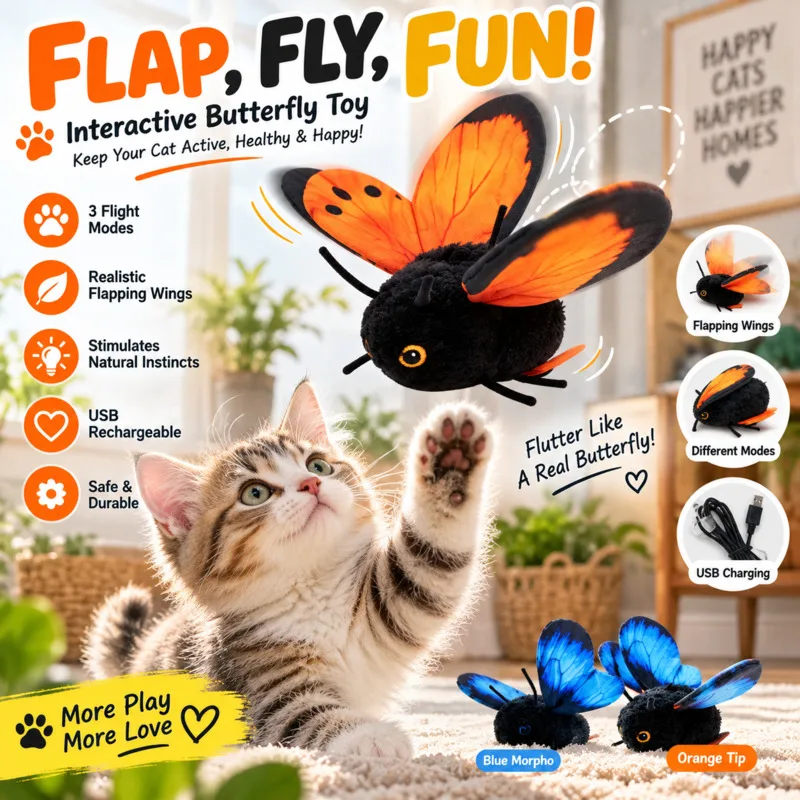 Automatic Interactive Cat Dog Pet Teaser Toy Plush Simulated Flying Insect Wand Indoor Exercise Pet Birthday Holiday Gift New