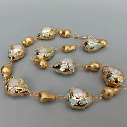 KKGEM Natural Cultured White Freshwater Pearl  Blue larimar Chips pave Teardrop Shape Gold brushed teardrop Wrap Necklace 24