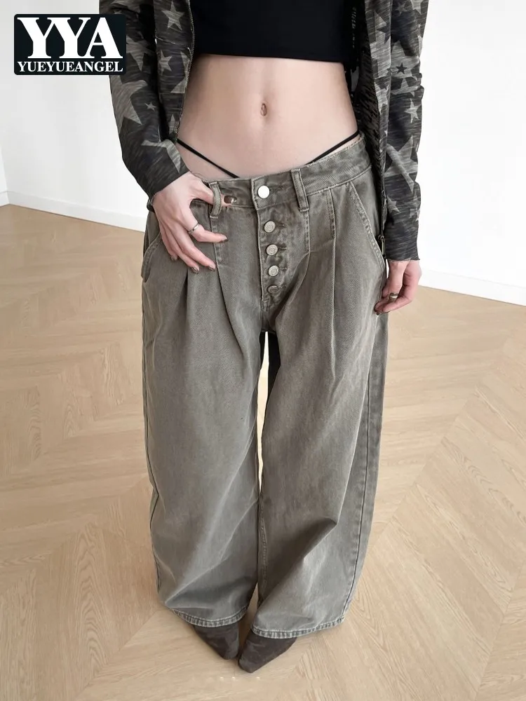 

Vintage Women Button Fly Wide Leg Pants Fashion Loose Fit Long Jeans Spring Autumn Boyfriend Style Casual Denim Straight Pants