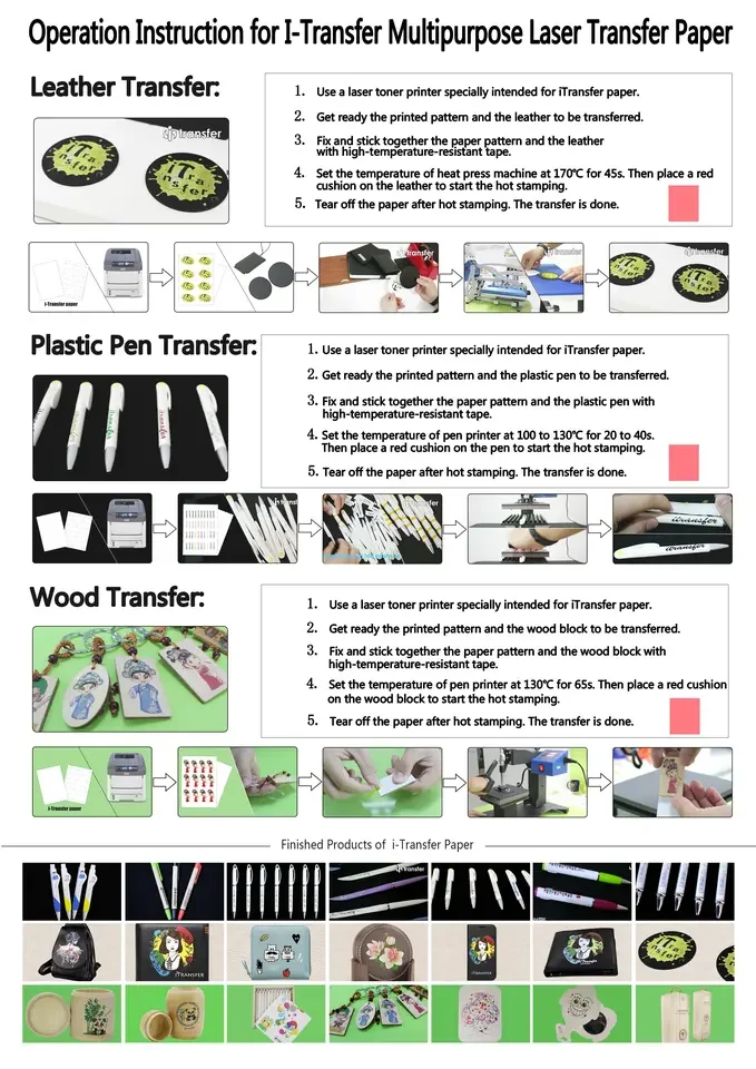 Papel a4 da transferência do laser do uso do i-transfer multi para plásticos de esferográfica, plutônio, produtos de madeira/bambu que imprimem o papel de transferência