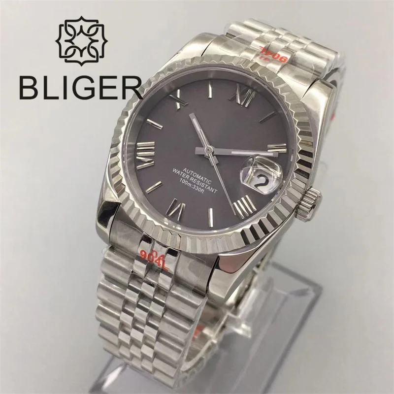 

BLIGER 36mm/39mm Gray Dial NH35 Automatic Watch For Men Silver Fluted Bezel Sapphire Cystal Jubilee Bracelet Glide Lock