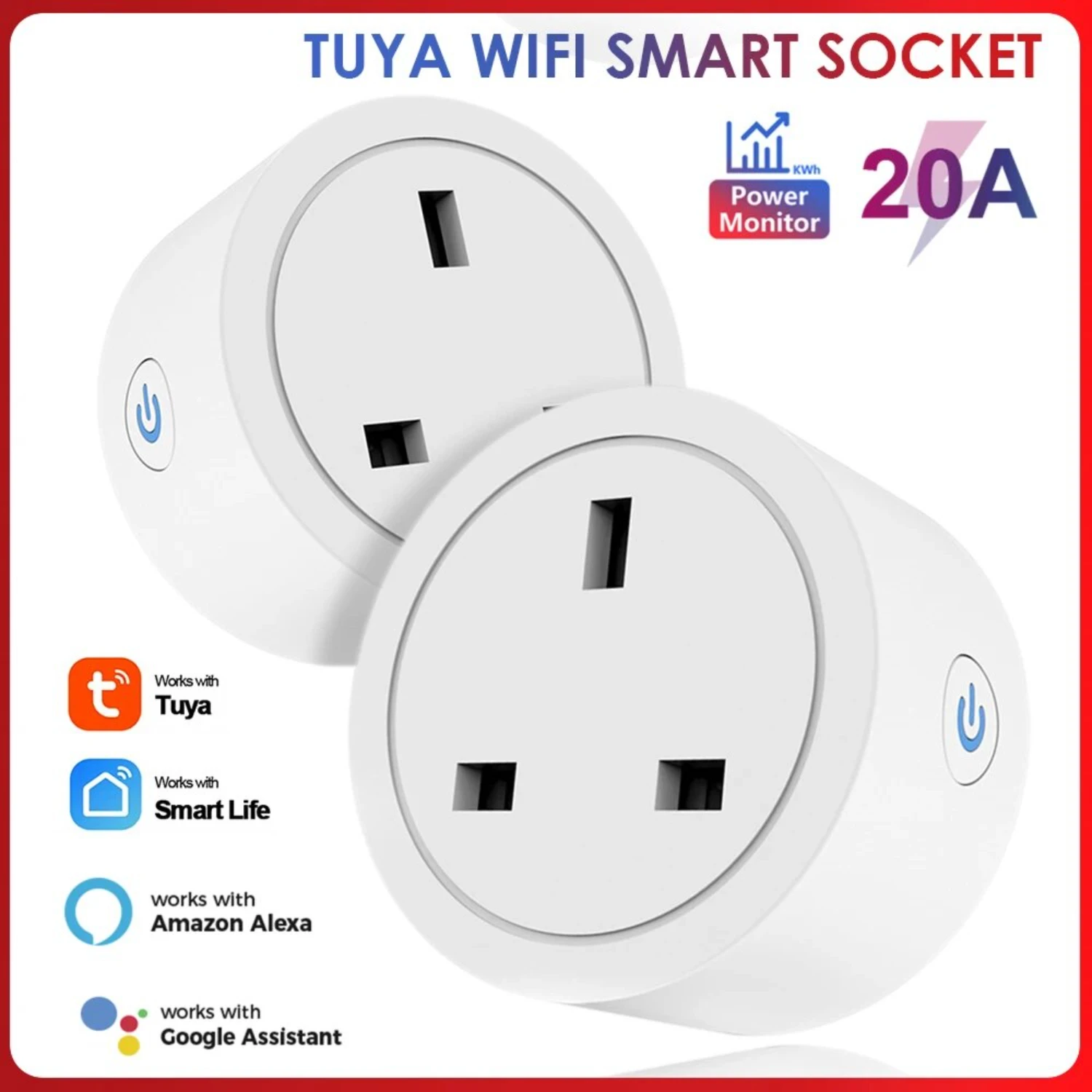 

Wifi 20A UK Smart Plug Mini Power Monitor Socket Remote Vioce App Control Timing Smart Work With Alexa