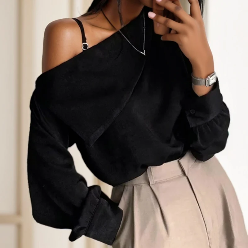 Sexy Skew Collar Off Shoulder Blouse Women Elegant Long Lantern Sleeve Shirt Sweet White Tops Spring Autumn Loose Clothes 8353