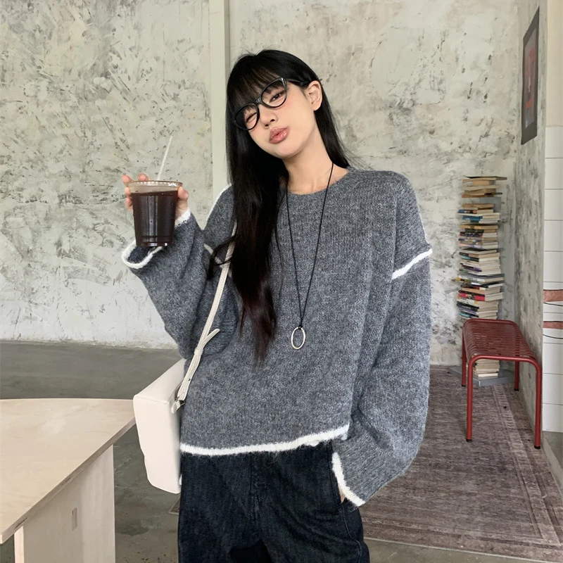 Pull épissé irrégulier pour femme, couleur contrastée, ample, col rond, tricoté, élégant, manches longues, automne