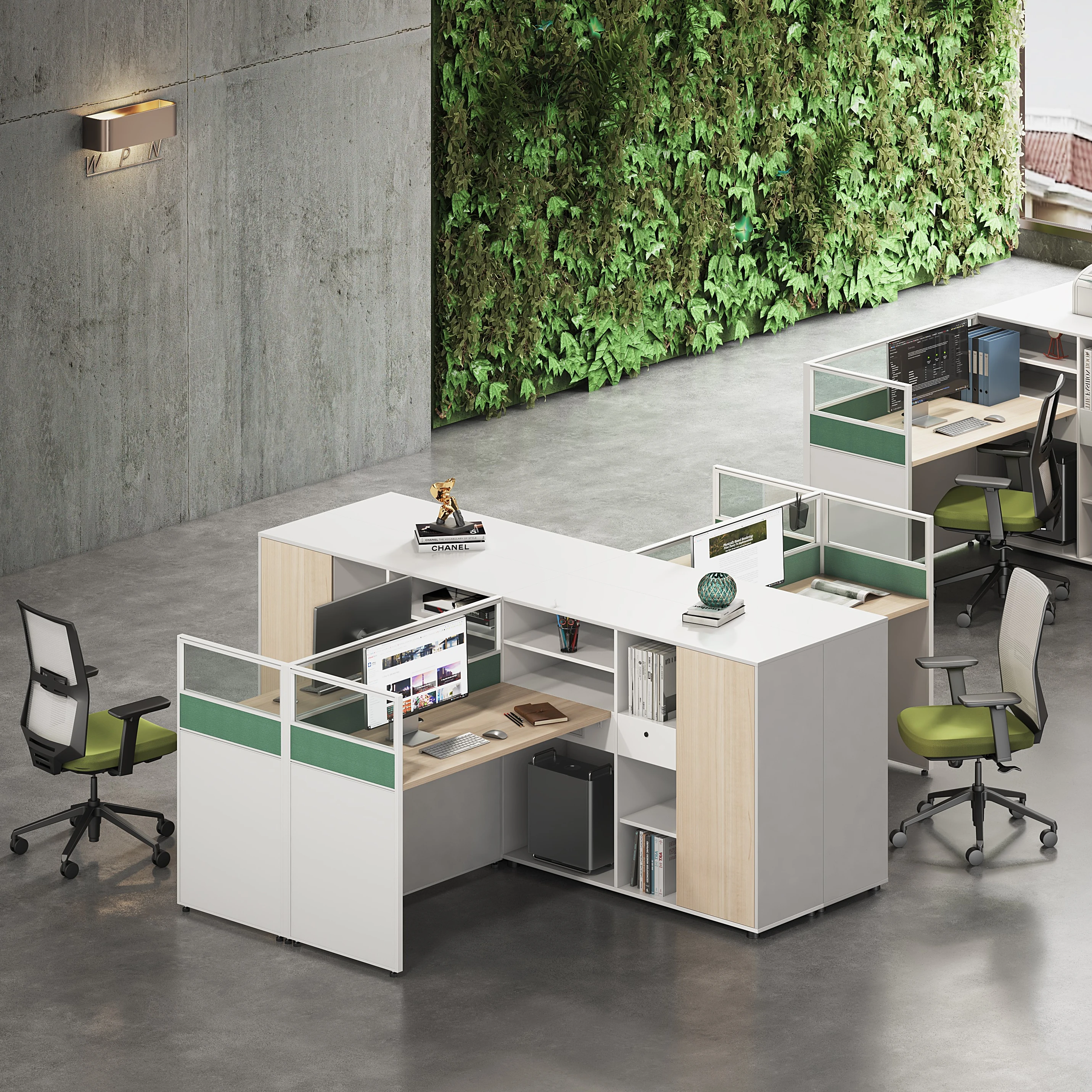 

Современная открытая офисная рабочая станция, двойной стол с боковыми шкафами