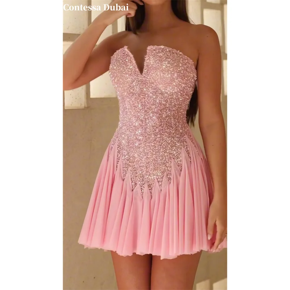 Contessa Custom Pink Beaded V-Neck Strapless Prom Dresses Multilayer Pleat Mini Vestidos De Noche Sexy High Waist Formal Evening