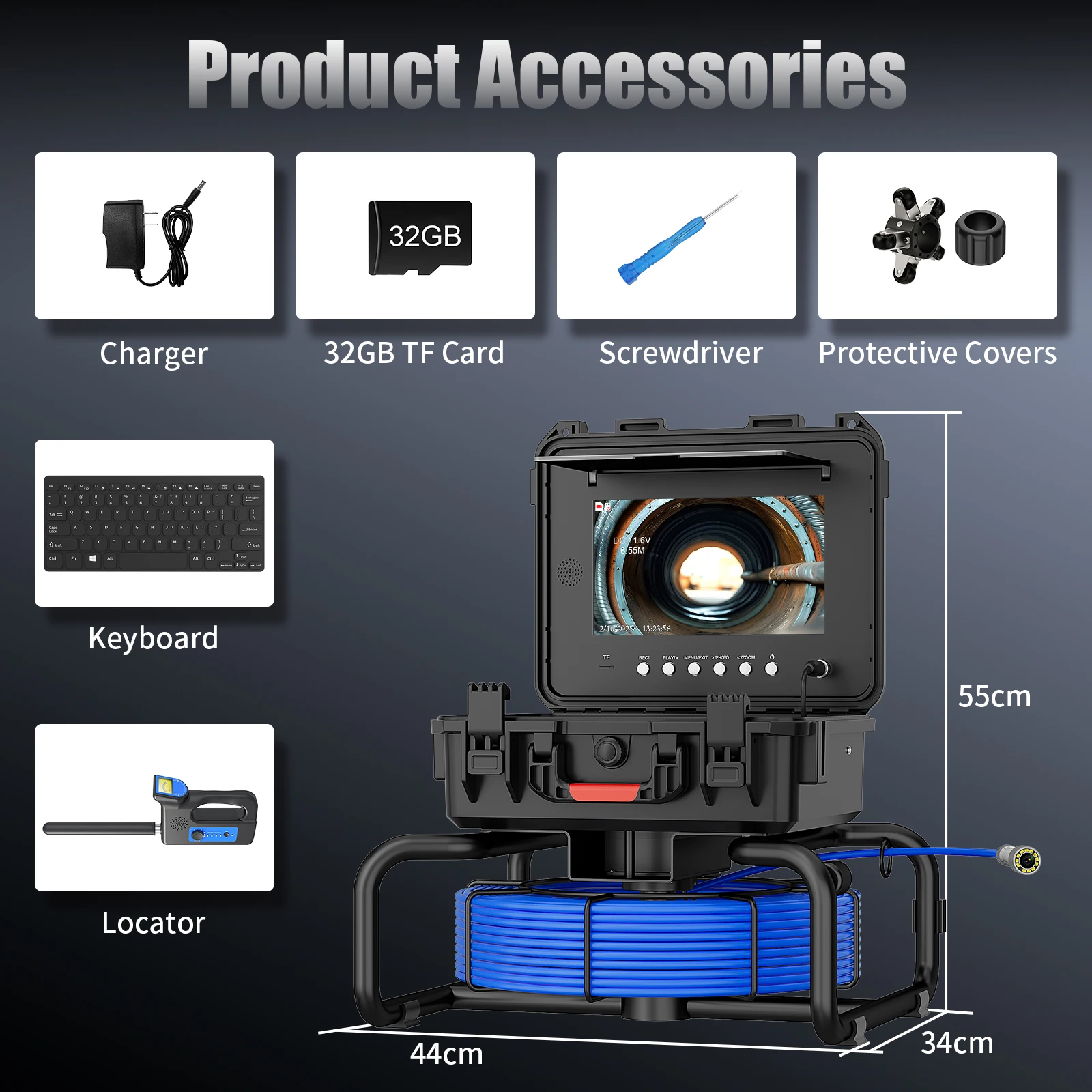 

10" 30M Sewer Camera 1080P 512Hz Locator Keyboard Meter Counter Self-Leveling 7mm Cable IPS DVR 32GB Drain Pipe Inspection