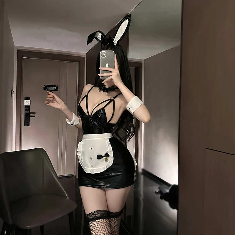 Uniforme de lencería porno Sexy para chica conejito, traje sexual de charol, pijama, traje de sirvienta, traje seductor, juego de rol, pecho exportado