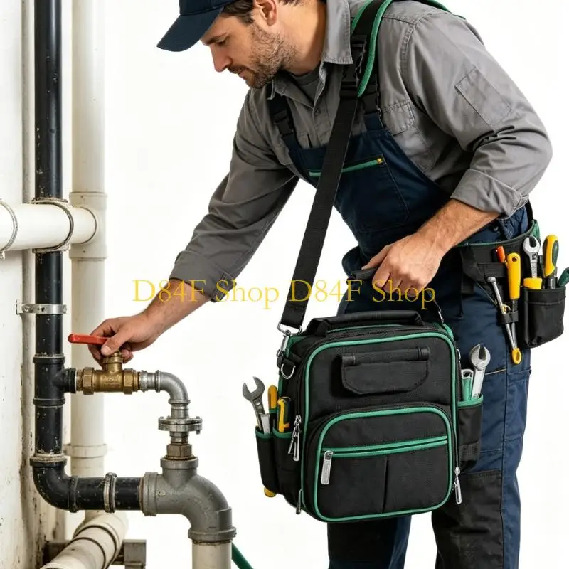 D84F Tool Storage Shoulder Bag with Outer Carry Sleeves and Front Pocket Sections, Tool Bag for Service Visits, Home Repair, and