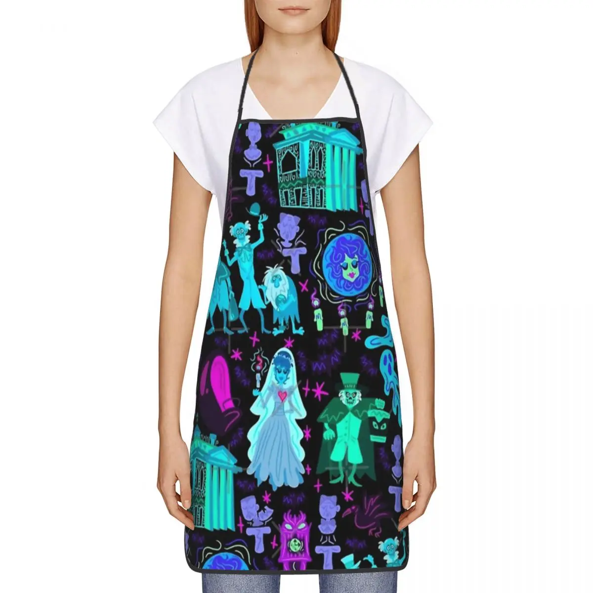 Unisex Ghost Haunted Mansion Bib Apron Adult Women Men Chef Tablier Cuisine for Kitchen Cooking Halloween Painting