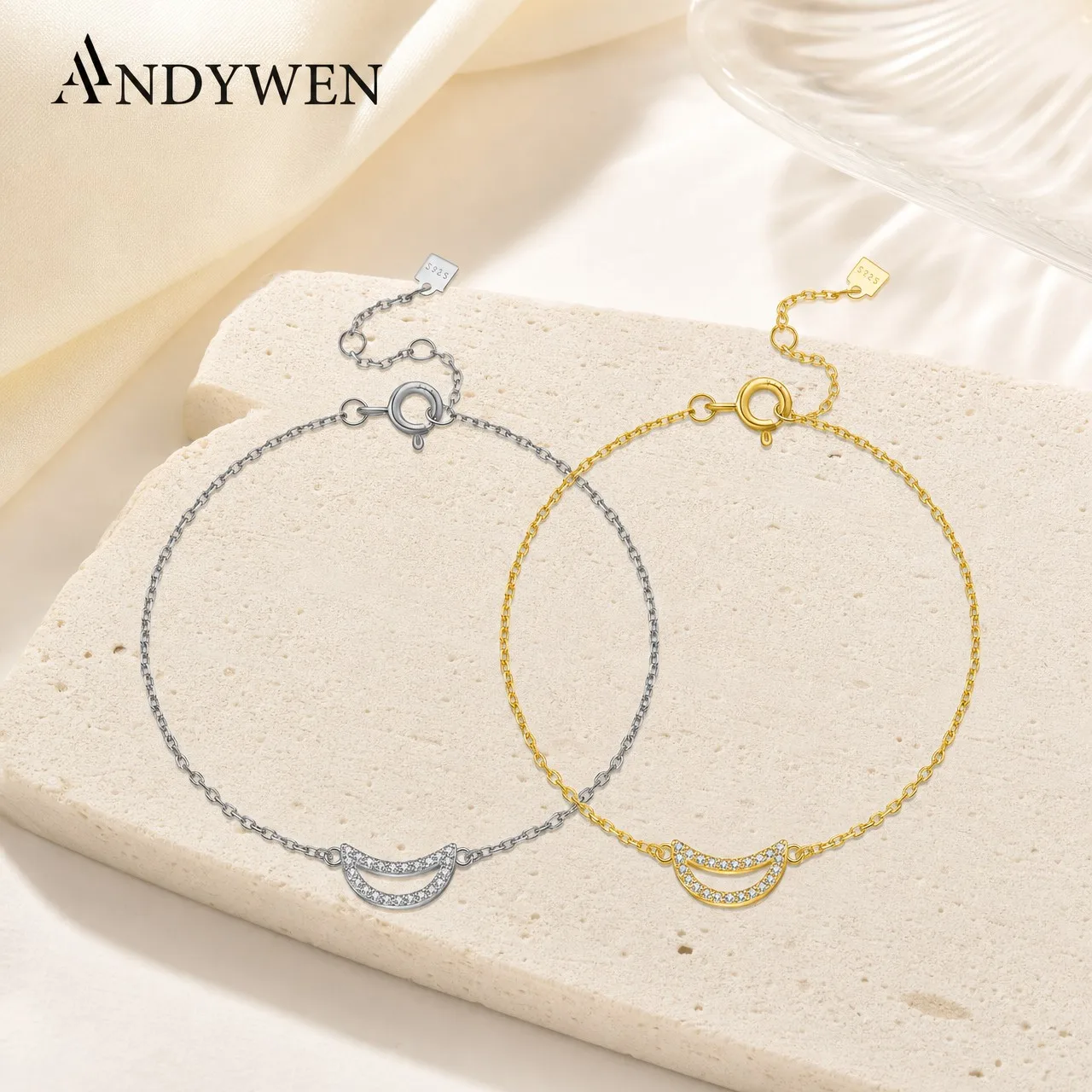 ANDYWEN 925 Sterling Silver Moon CZ Zircon Chain Bracelet 2026 Women Fashion Luxury Fine Birthday Gift Wedding Jewelry