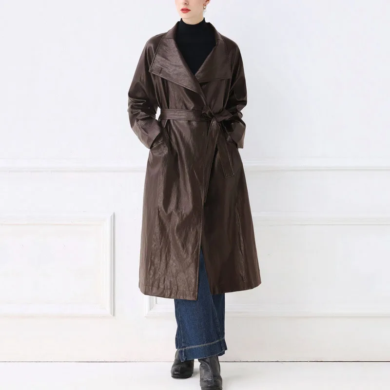 Hksh primavera outono novo casaco longo feminino couro do plutônio turn-down colarinho cor sólida bolsos cinto elegante jaqueta chique hk14049