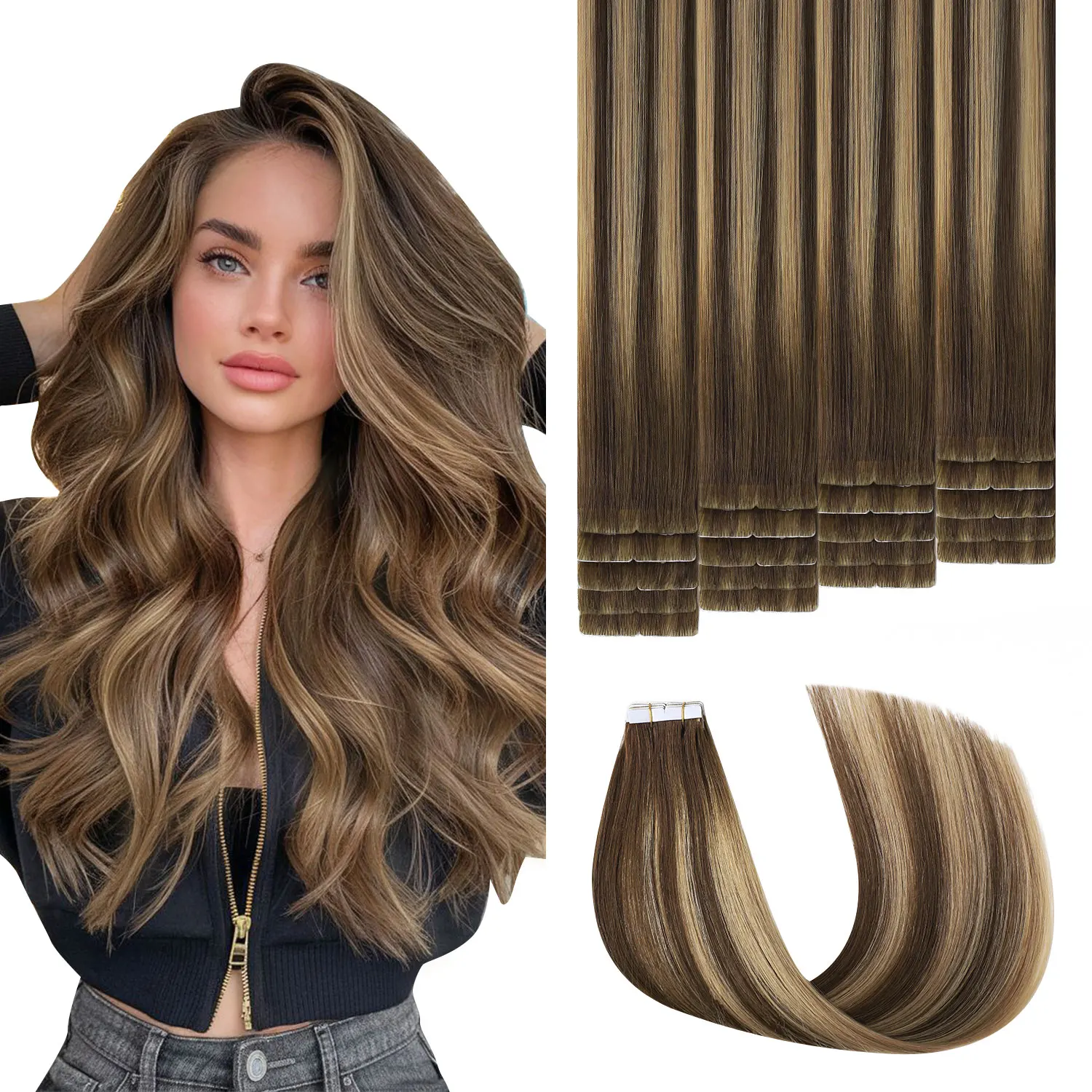 Extensions de cheveux naturels adhésives Sweetmet 3e génération Pro3.0 # 4/27/4 Brun Chocolat à Blond Miel 20 pièces 30g-50g 35cm-55cm Bande Adhésive Invisible pour Extensions de Cheveux Naturels