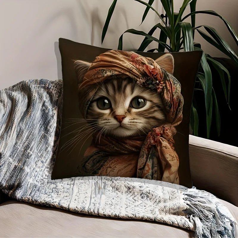 Vintage Art Cat Throw Pillow Cover, Elegant Renaissance Style Tabby Cat with Floral Scarf Decorative Cushion for Couch
