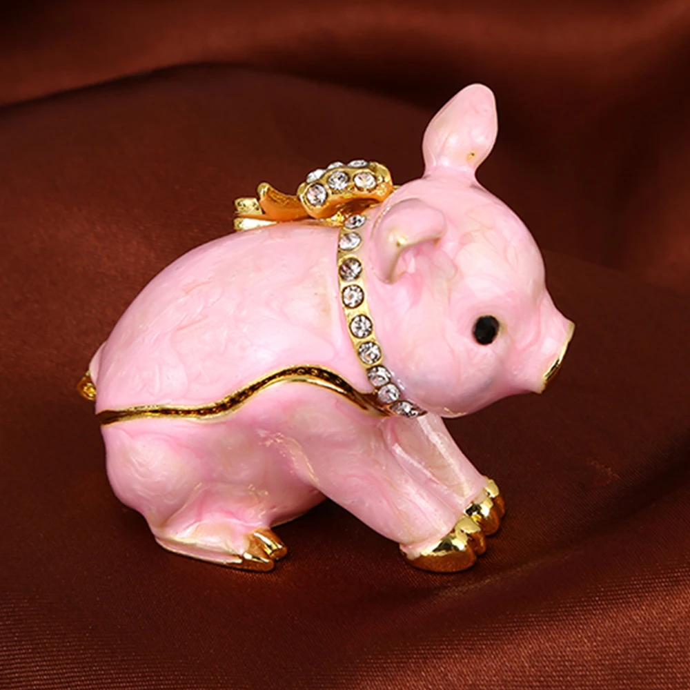 1pc Piggy Trinket Box Vintage Enamel Rhinestone Jewelry Storage Case Handmade Pink Small Pig Ring Organizer Creative Gift Makeup